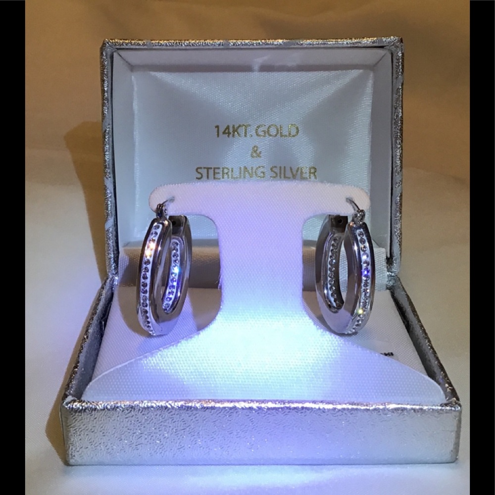 14k & SS INSIDE OUT SWAROVSKI HOOP EARRINGS